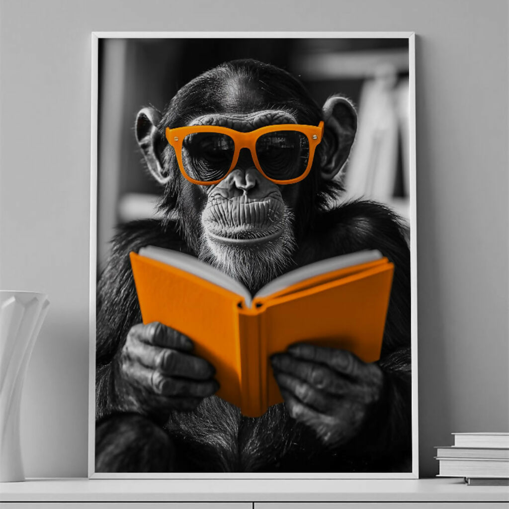 Забавно Шимпанзо со Очила што Чита Книга Sидна Уметност